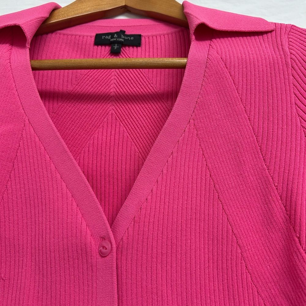 Rag & Bone Collared V-Neck Button-Front Pink Ribbed Sweater - Picture 3 of 8